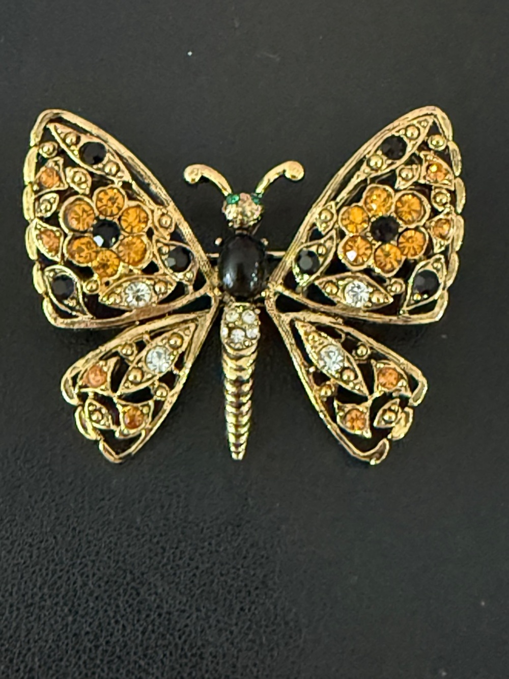 Vintage Butterfly Brooch with Rhinestones Orange Gold Black